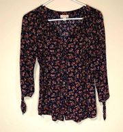 Westport Women’s Button Down Blouse Floral Top 3/4 Tie Sleeve Medium Navy Blue