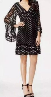 SHEER BELL SLEEVE RUFFLE POLKADOT DRESS