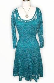 Leslie Fay Green Lace Fit & Flare Vintage Cocktail Dress 8 Medium