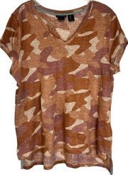 TAHARI Crimson Ink Camo Print 100% Linen Scoop Neck Cap Sleeve Shirt In EUC - Lg