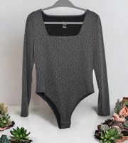 A New Day Womens Bodysuit Square Neck Cheeky Cut Knit Gray Animal Print Snap L