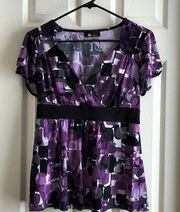 AB STUDIO PURPLE BLACK DRESSY BABYDOLL BLOUSE Size Large EUC #7758