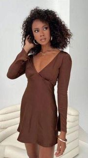 Nellie Chocolate Brown Satin Long Sleeve Mini Dress 0