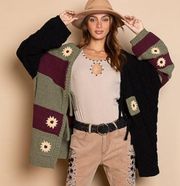 POL OVERSIZED EMBROIDERED FLOWER CARDIGAN