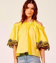 Sandro Paris Purity Floral Embroidered Yellow/Navy Cold Shoulder Top