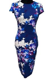 Felicity & Coco Blue Retro Floral Bodycon Cap Sleeve Dress Size Small