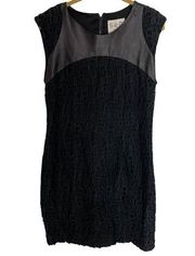 Sea New York Black Lamb Leather Trim Textured Shift Dress 8