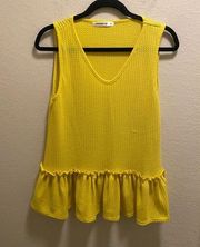 Hanger 55 Yellow Waffle Knit V-Neck Blouse With Ruffle Bottom