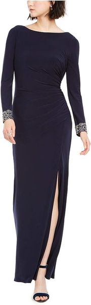 Navy Dark Blue Embellished Long Sleeve Drape Evening Bodycon Maxi Dress