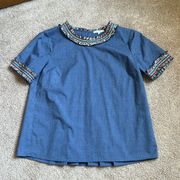 Pleione Chambray Fringe Yarn Embroidered Blouse  Size XS Petite