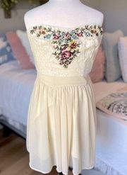 Beige Embroidered Strapless Mini Dress Womens XS