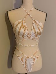 White and gold g String bikini set size large with cardigan cover up