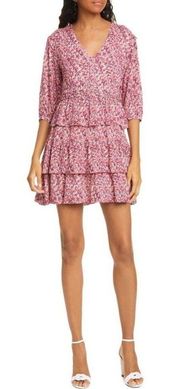 BA&SH Nina Dress Pink Floral Tiered Ruffle Puff 3/4 sleeves minidress