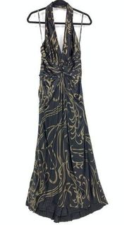 Tadashi Collection Dress Women's Size 6 Halter Style Gown Black Gold Printed