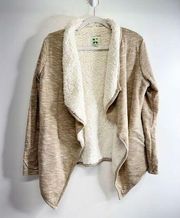 Green Tea Sherpa Lined Open Cardigan Tan Womens Size Medium Side Pockets