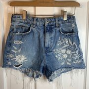 Bershka Floral Embroidered Distressed High Rise Jean Blue Denim Shorts Sz 4