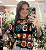 Floral Crochet Knit Pullover Sweater Black rainbow