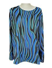 Investments Tunic Size 2X Electric Zebra Animal Print Blue Black Long Sleeve New