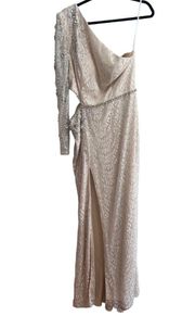 NEW NWT  Embellished One Sleeve Cut Out Gown Ivory Nude