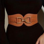 Double Buckle Cinch Belt For Women PU Leather Wide Corset Belt Elastic Waistband Vintage Dress Coat Girdle For Women 1XL/Camel