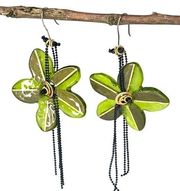 VTG Lalo FLOWER EARRINGS 4" Dangle Drop Green Gold Resin Black Bead Chains