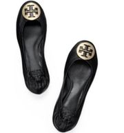 Tory Burch Reva Black Leather Ballet Flats Silver Logo Size 8.5