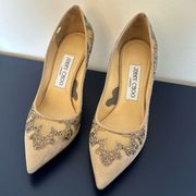 Authentic Jimmy Choo 36.5 Tan Nude Suede Karmel Crystal Point Toe Pump Heels