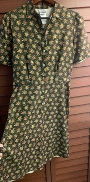 Vintage Women’s Silk Dress Green Floral Button Up Collar Size 6