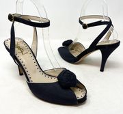 YSL Yves Saint Laurent Black Satin Genuine Leather Peep-Toe Flower Pumps Sz 7.5