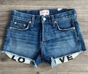 SUNDRY Exposed Pocket Shorts LOVE Cut Off Raw Hem Distressed Denim Blue Size 25