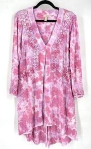 LOGO Lavish Lori Goldstein Tie Dyed Crochet Lace Duster Long Cardigan Pink Large