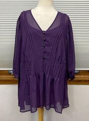 20/22W // Covington Purple Sheer 3/4 Sleeve  V-Neck Blouse with Matching Cami