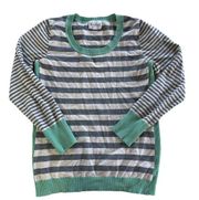 Olive & Oak Sweater Women Large Grey Green Stripe Knit Round Neck Anthro Rayon