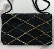 VINTAGE 80’s 90’s Beaded Embroidered Mini Black Silver Gold Crossbody