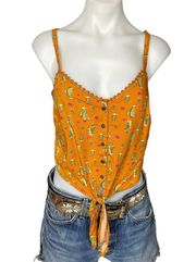 Mustard Novelty Cactus Print  Camisole Crop Top SMALL Tie Front Western Cami NEW