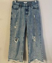 Avec Les Filles High Rise Distressed Raw Hem Wide Leg Denim Jeans Light Wash 27