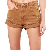 MUSTARD SEED High Rise Distressed Cuffed Raw Hemline Denim Shorts In Amber Small