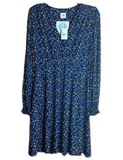 CAbi “The Ten Dress” Black & Blue With White Floral Pattern. Long Sleeve. New