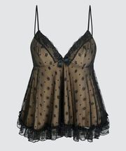 NWT Sexy Floral Lace VNeck Ruffle Cami Stretch Top Adjustable Straps L Black Tan