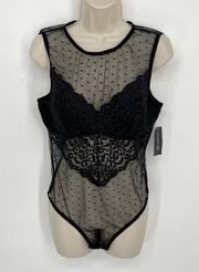 INC Women's NEW Lacey Sheer Cupped Swiss Dot Thong Bodysuit Size L Black