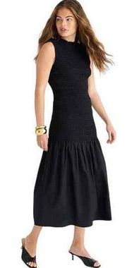 NWT J.Crew Sleeveless Smocked Ruffle Drop Waist Midi Dress Black Women's Small