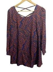 Blu Pepper Paisley Navy And Rust Chiffon Dress Sz S Shift Long Sleeve Boho Casua