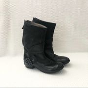 Marsell Black Leather Slouchy Ankle Buckle Mid Calf Zip Foldover Moto Boot 36.5