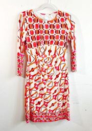 Donna Morgan Dress Round Neck Orange Pink on White Gathered Waist Sz 6 EUC