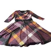 Danny & Nicole Women's Plaid Midi Fit & Flare Dress w/ Belt Multicolor Size 10