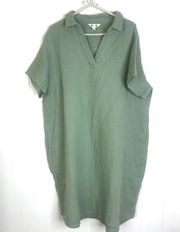 Three Dots Collared Gauze Green Dress with Side Pockets SZ XL