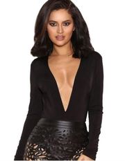 House of CB Black Silky Jersey Deep V-Neck Bodysuit XS