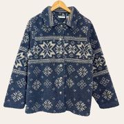 Vintage‎ Fleece Jacket Teddy Snowflakes Winter Pattern Fuzzy Blue White Cozy Lrg