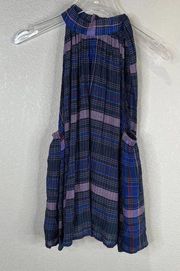 Apiece Apart Medina Top Size 0 Blue Purple Plaid Tie Mock Neck Sleeveless Blouse