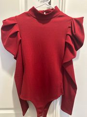 Pants Store / Crimson Red Puff Sleeve Bodysuit 